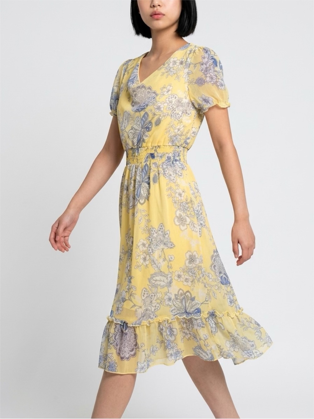 Kate & Lily Boho Floral Dress 8 Yellow Flutter Smocked Ruffle Cottagecore EUC